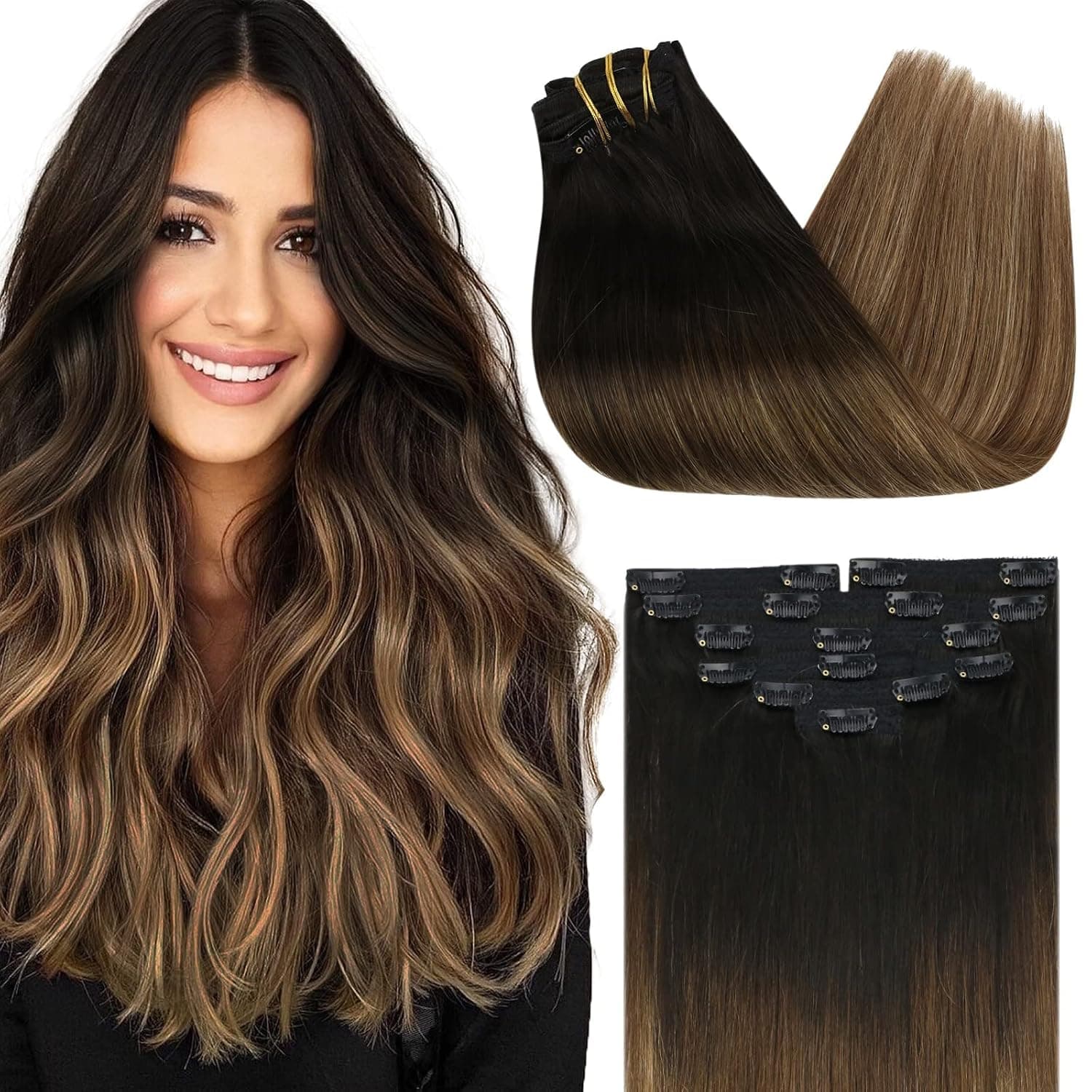 Ve Sunny Hair Extensions Clip in Human Hair 18 Inch Ash Blonde Highlight Double Weft Full Head Human Hair Natural Hair Straight 7 PCs 100 Grams