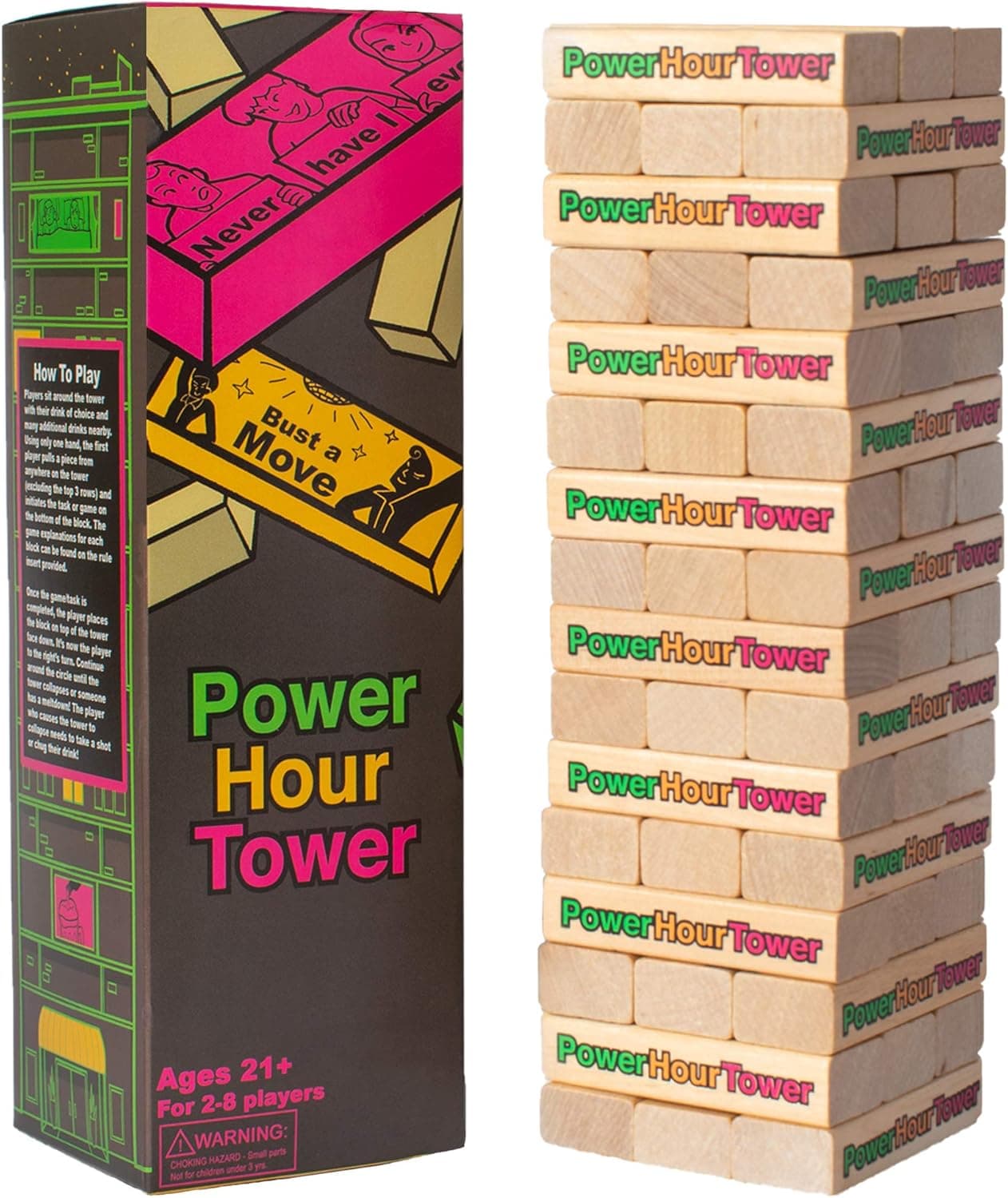 Power Hour Tower Adult Party Game -  48 Hilarious Wooden Blocks - Either a Game, Prodding Question, Challenge or Task, for Game Night, Party, Pregame, or Bachelorette & Bachelor Activity