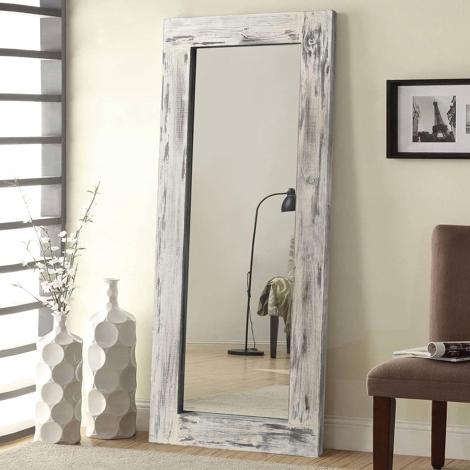 MAYEERTY Floor Mirror Full Length Body Mirrors Large Leaning Wall Mounted Rustic Farmhouse Wood Frame Rectangle Hanging Mirror for Bedroom Living Room Entryway (Weathered White, 58x24in)