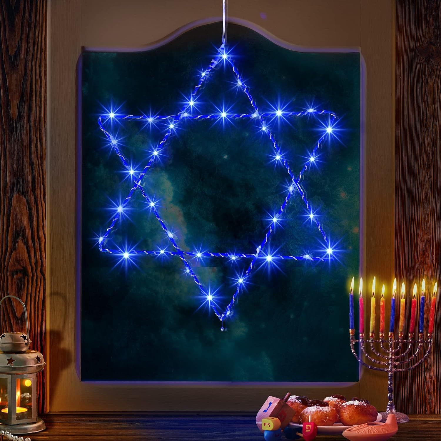 Chanukah Window Silhouette Lights, 8 Lighting Modes USB Powered Blue Star of David Hanging Lights with Iron Frame 11.8 x 10 Inches, 9.8 Feet Hanukkah Lights 40 LEDs for Indoor Decoration