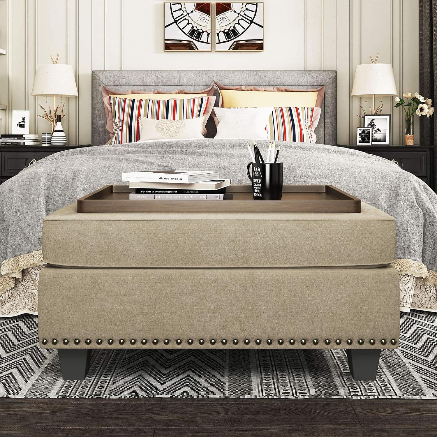 Nolany Storage Ottoman with Wood Tray Storage Bench with Service Wood Tray for Living Room, Dark Khaki