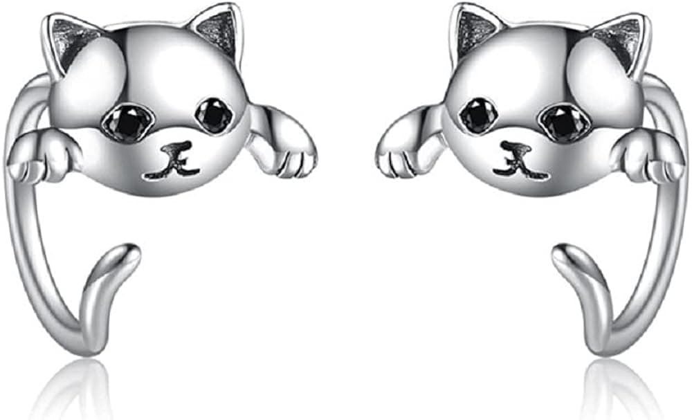 Cat Earrings Silver Animal Kitty Cat Half Huggie Hoop Earrings Cat Jewelry Gifts for Women Girls