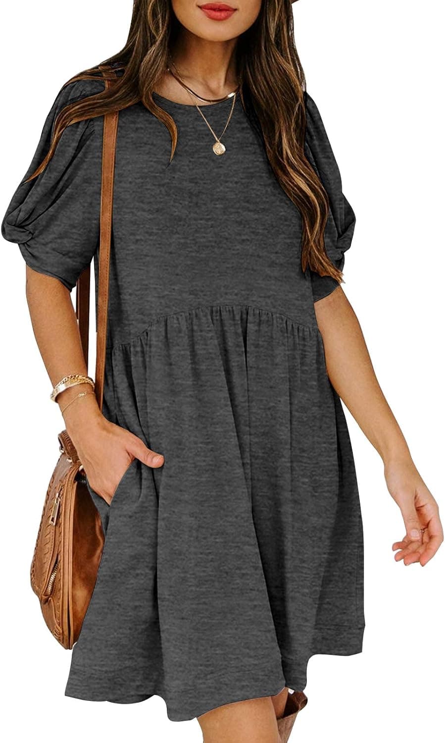 YIBOCK Women's Summer Casual Twist Knot Short Puff Sleeve Dresses Pleated Swing Dress