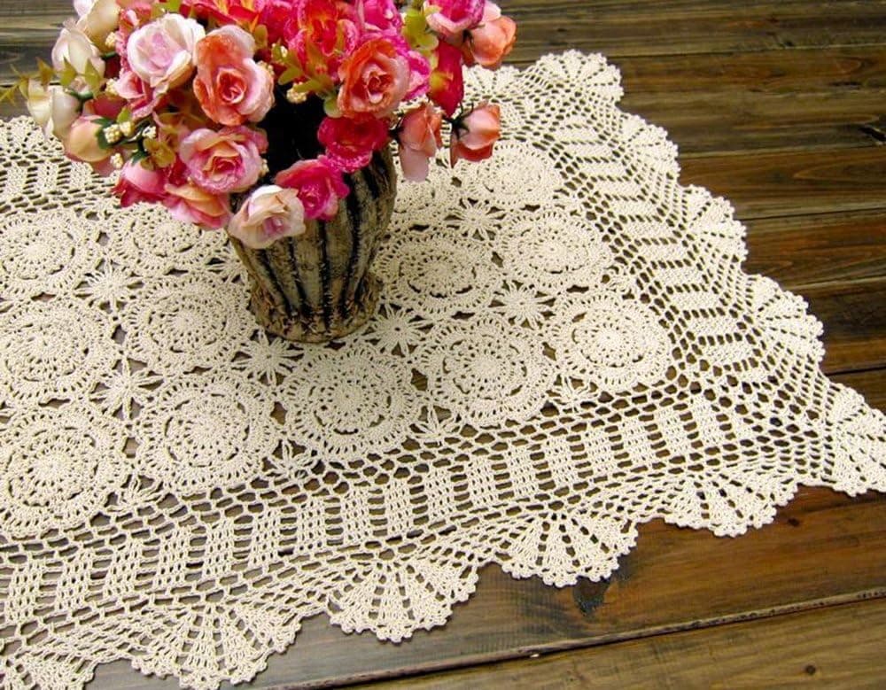 Damanni Rectangular Cotton Handmade Crochet Lace Table Runner Doilies Table Dresser Scarf Décor,19 Inch by 35 Inch，Beige
