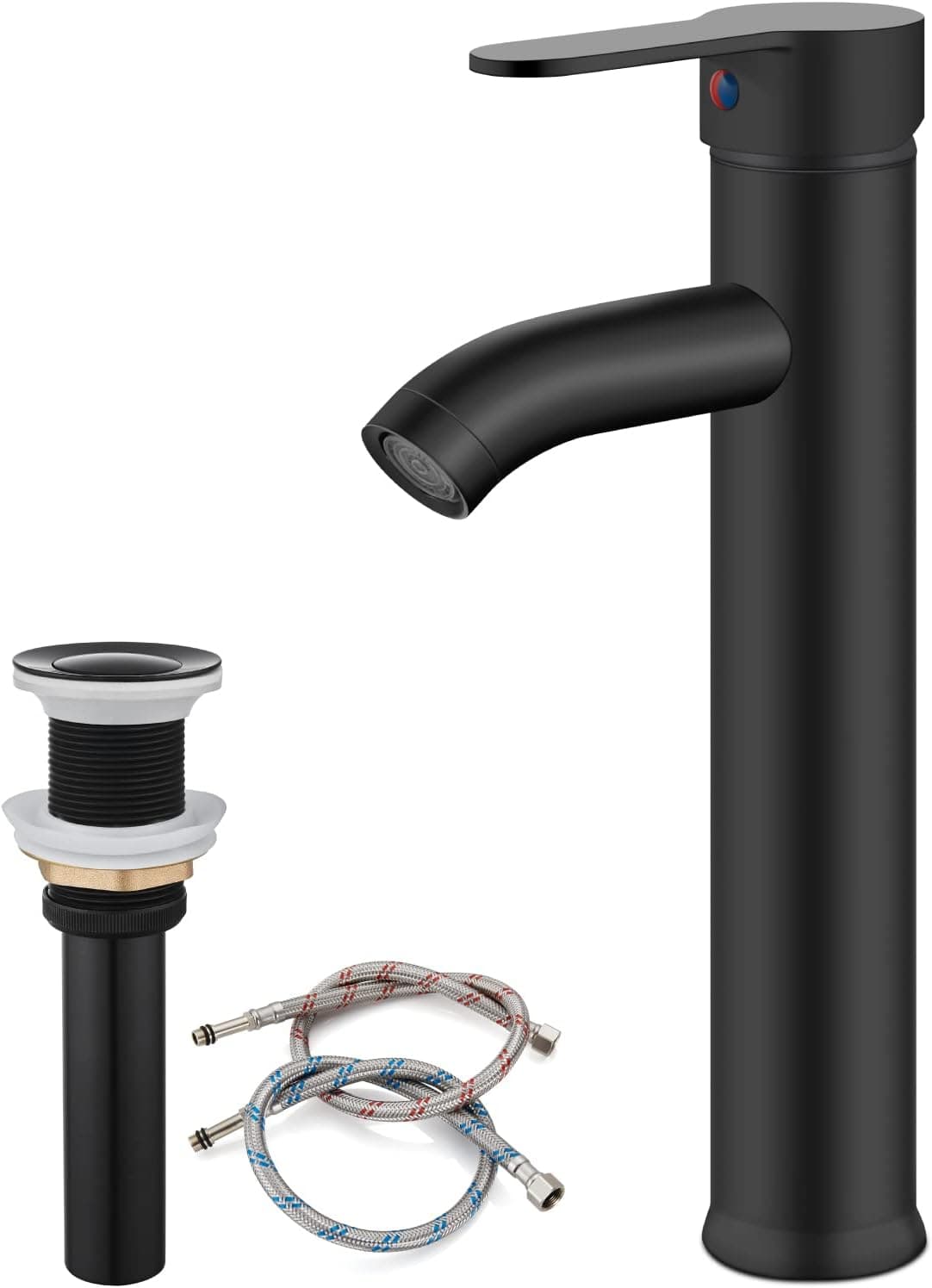 Bathroom Vessel Bowl Sink Faucet Matte Black Single Handle Lavatory Vanity Mixer Bar Tap with Pop Up Drain Combo Tall Spout Single Hole Deck Mount