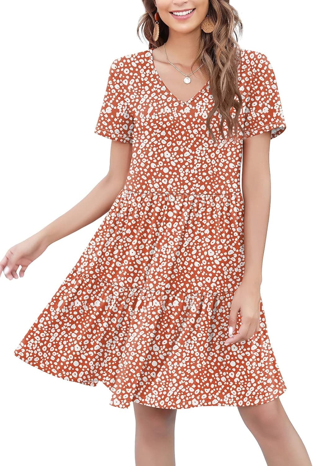 Arolina Women's Casual Swing Shift Dress Summer V Neck Short Sleeve Babydoll Ruffle Dress Tunic Dress