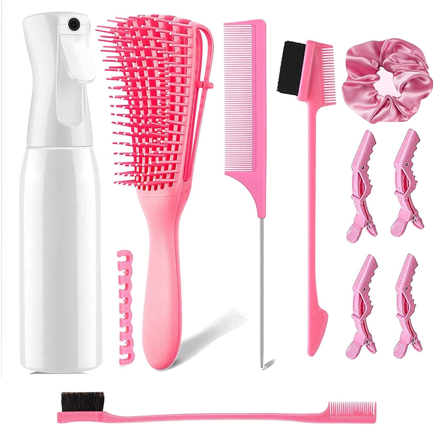 Michgar Detangling Brush Set for Curly Hair with Hair Spray Bottle, Hairbrush Set, Hair Scalp Massager Brush,9 Row Cushion Nylon Bristle Brush Double Sides Hair Edge Brush set for wet and dry hair。