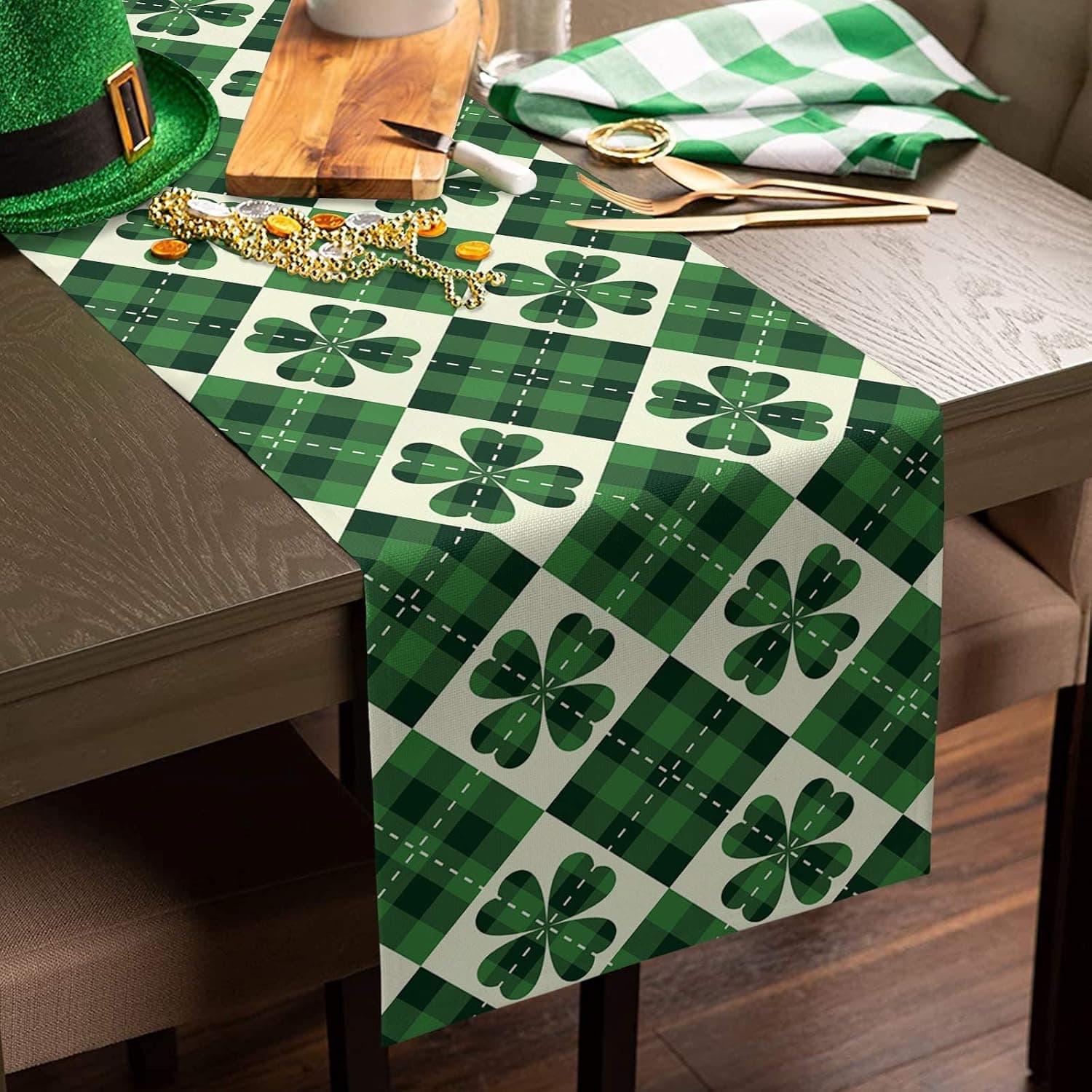 St Patricks Day Table Runners 70 Inch Clover Leaf Green Shamrock Check Plaid Table Linens Runner for Table Linen Burlap