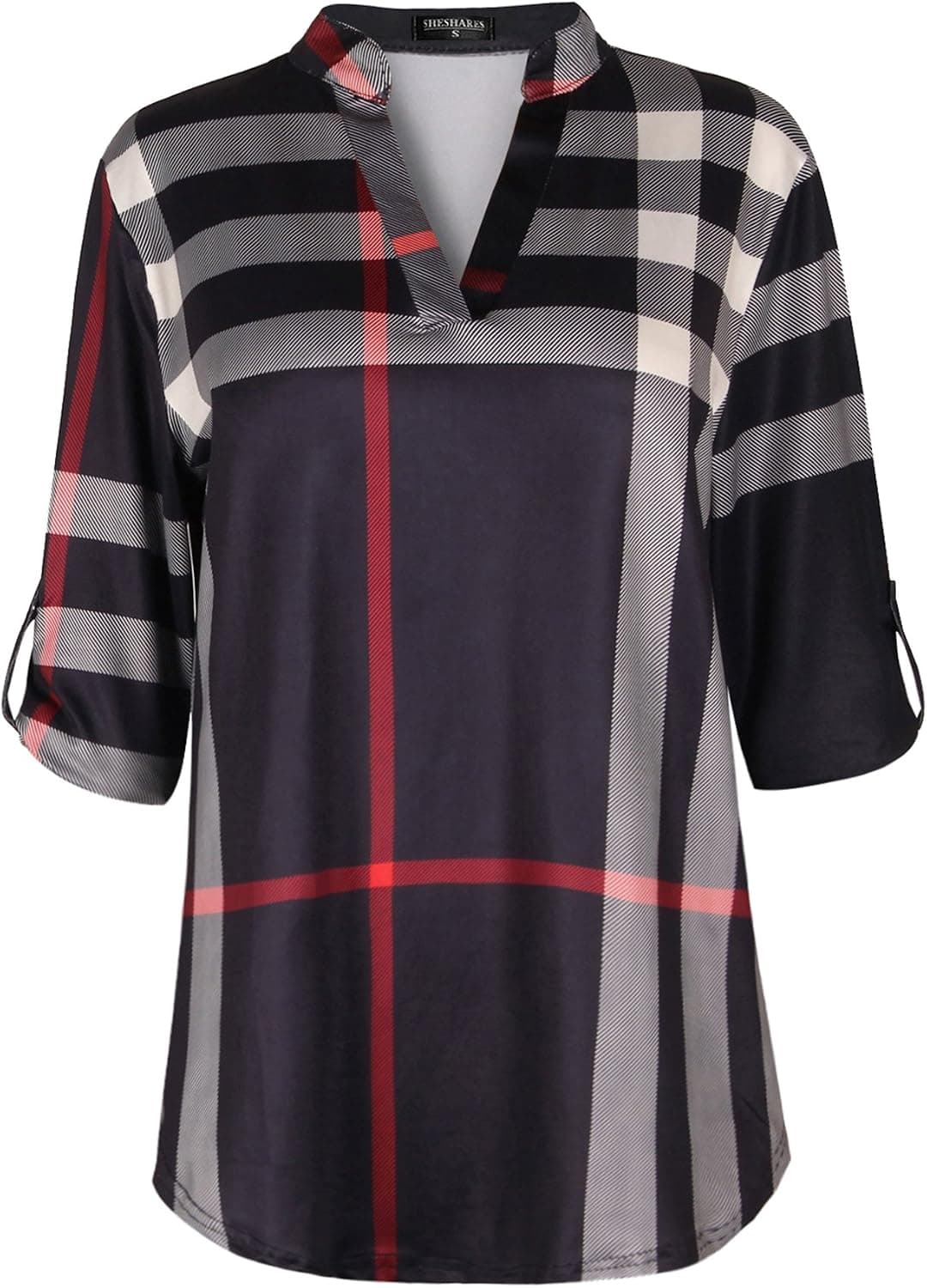 Sheshares Plaid Shirts for Women Plus Size Tops V Neck Roll Tab Sleeve Blouse