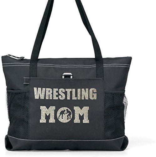 Glitter Wrestling Mom Tote. Silver Glitter on a Large Black Tote(m)