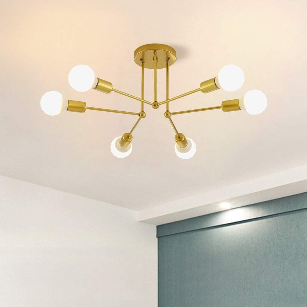 Jaycomey Semi Ceiling Lights Fixture,6-Light E26 Base Gold Sputnik Chandelier,Modern Flush Mount Ceiling Lamp for Bedroom Living Room Kitchen