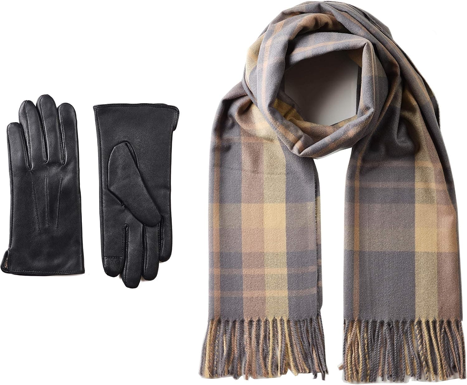 Women's Check/Tartan Scarf and Leather Gloves Gift Set (Blue #2, Large)