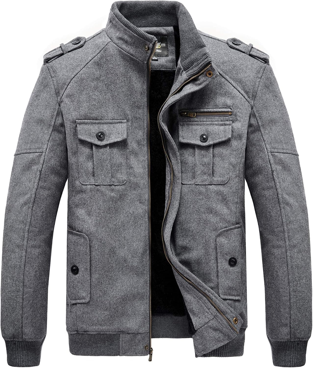 RongYue Men's Winter Thicken Wool Blend Jacket Military Fleece Parka Peacoat (Large, Gray)