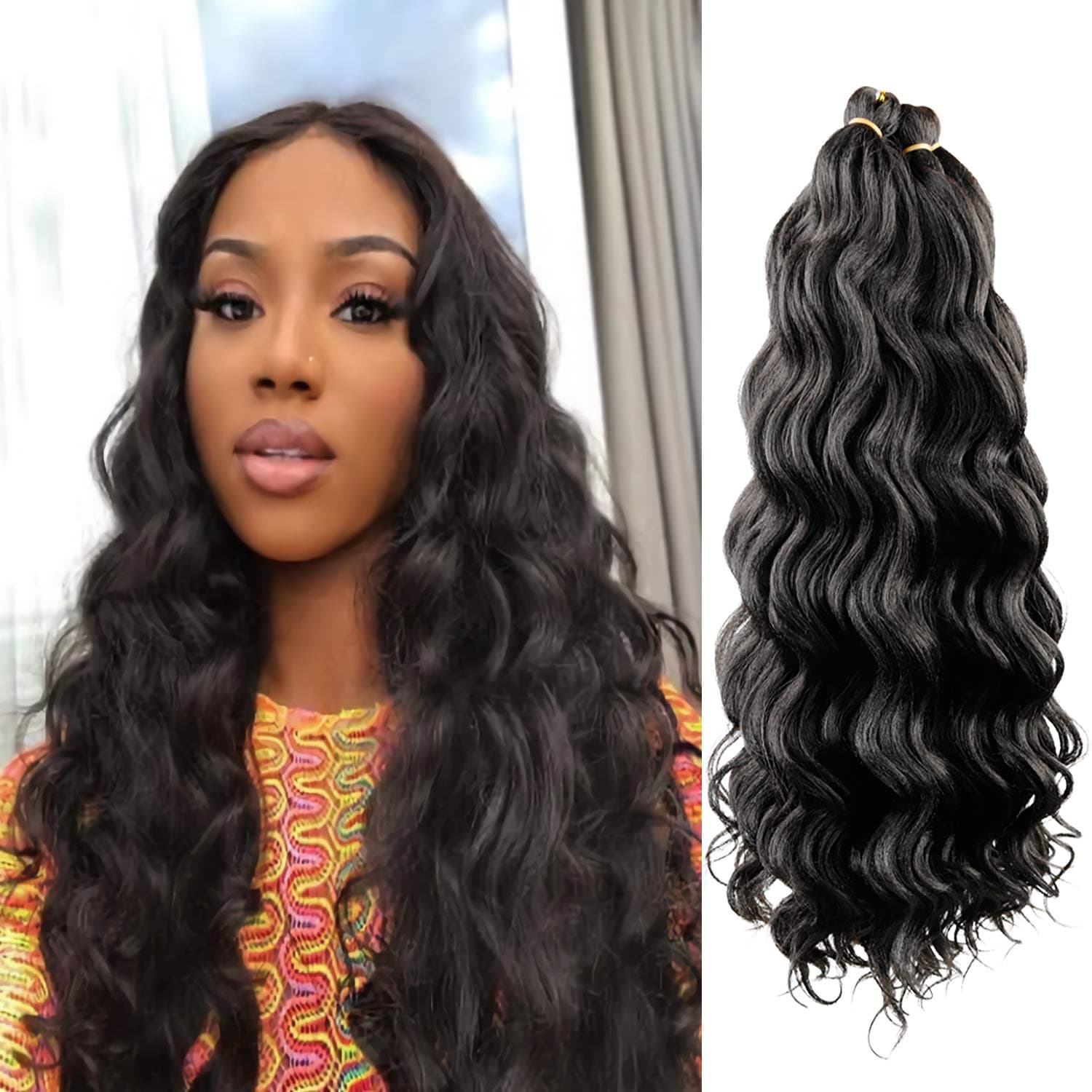 6 packs 20" AU-THEN-TIC Ocean Wave Crochet Hair Deep Wave Braiding Hair Body Wave Braids Synthetic Hair Extensions Kanekalon Fiber (20 Inch (Pack of 6), 1B (Off Black))