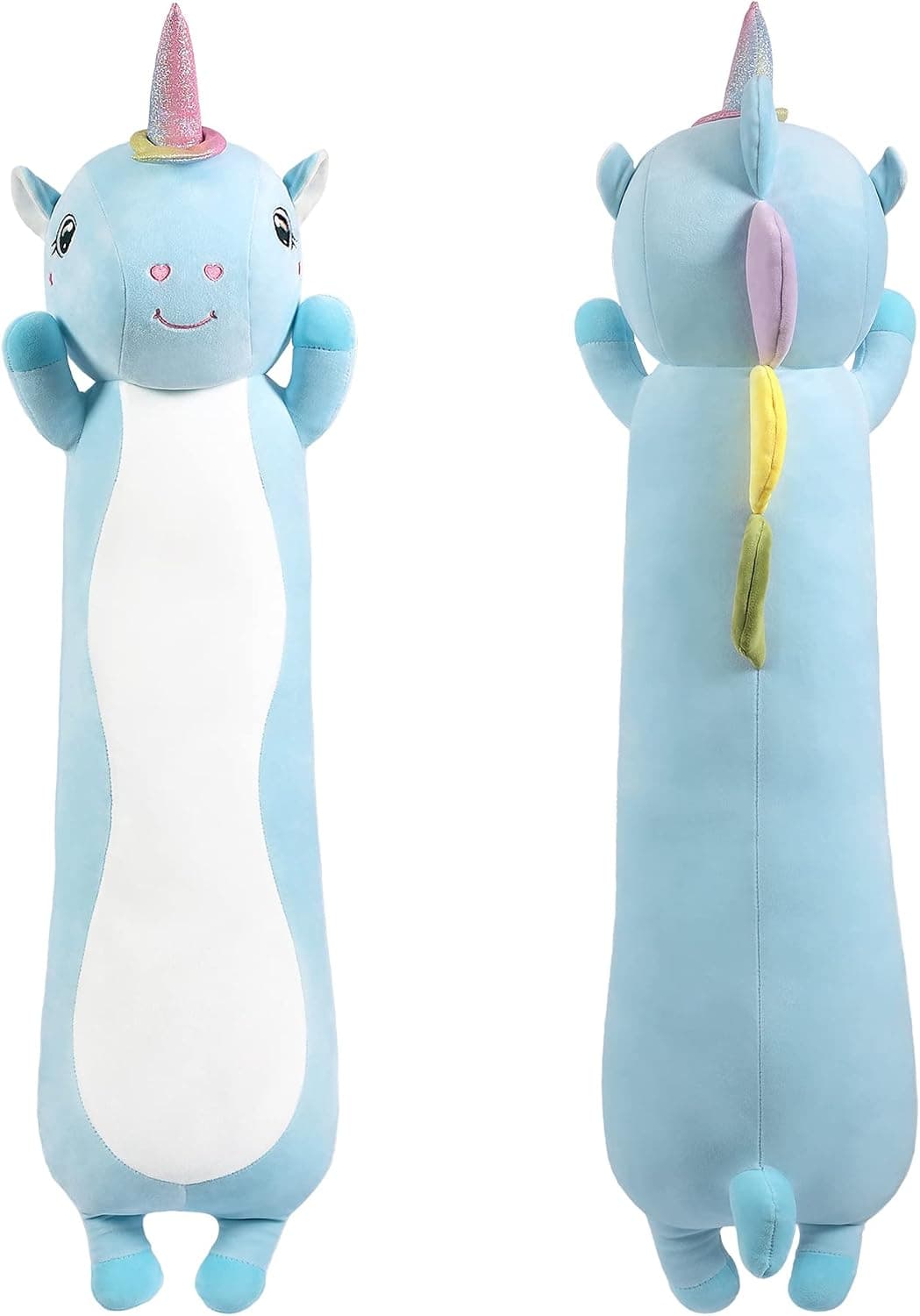 SNOWOLF 43.3Inch Long Unicorn Plush Pillow Stuffed Animal Toys Cute Soft Unicorn Plush Hugging Pillow with Rainbow Wings Kawaii Toy for Kids Girls (Blue, 110cm/43.3Inch)