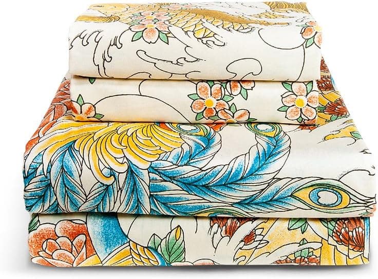 Geisha Garden Colorful Asian Tattoo Sheet Set, Queen Size