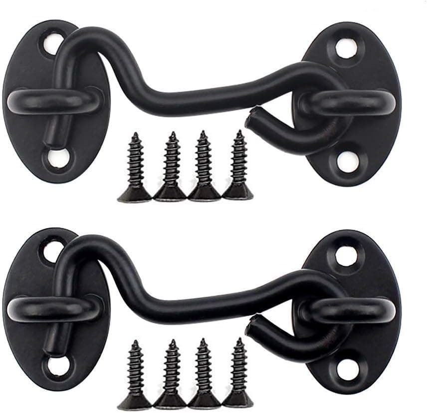 Cabin Hook Door Latch, 2 Pack Hook and Eye Latch Lock for Sliding Barn/Swivel Window Shutters/Home/Bedroom/Gate/Shed/Closet/Rustic/Garage Heavy Duty Metal Design with Mounting Screws（4 Inch, Black）
