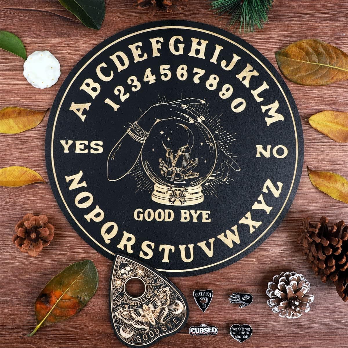 Keithwood 11.5’’ Black Talking Board with Planchette Handmade Black Talking Board Game Spirit Board for Spirit Hunt, Witch Craft, Occult Practice - Magic Crystal Ball with Gems and Cresecnt Moon