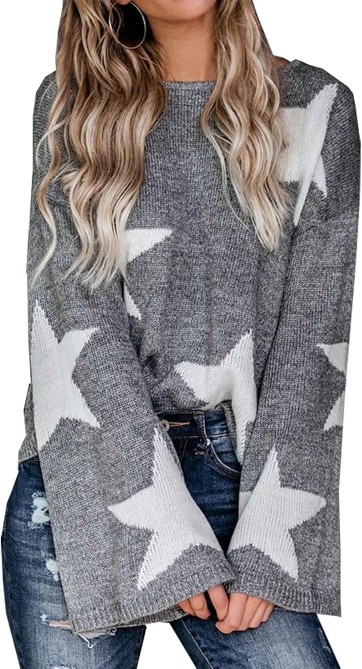 PRETTYGARDEN Women’s Winter V Neck Lantern Long Sleeve Star Color-Block Split Knit Sweater Pullover Tops
