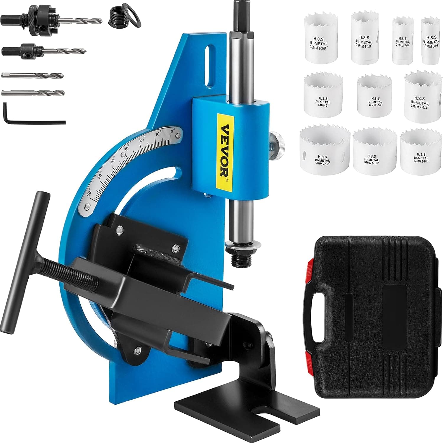 VEVOR Tube Notcher Kit 60 Degree Pipe Tubing Notcher w/13 Pc Bi-Metal Hole Saw 3/4" -2-1/2" with Case Tubing and Pipe Notcher 2 Drills Tube Notcher Tool for cutting holes through Metal, Wood, Plastic.