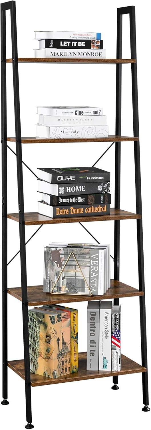 VINGLI Ladder Shelf 5-Tier Industrial Bookcase Free Standing Ladder Bookshelf with Metal Frame and Rustic Wood Plant Storage Shelf for Office, Living Room, Kitchen, Bedroom, Bathroom