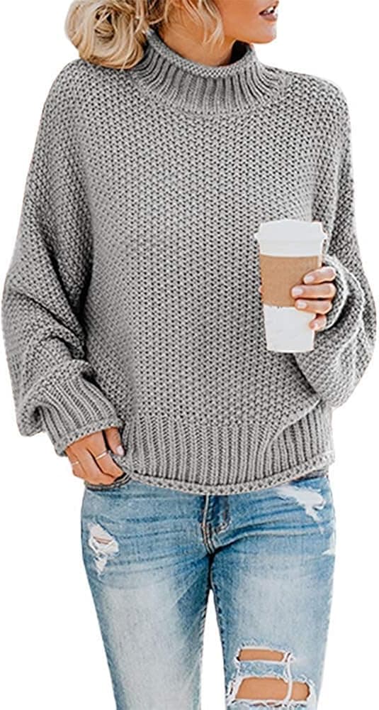 AMAOKYTOP Womens Turtleneck Oversized Sweaters Batwing Long Sleeve Pullover Loose Chunky Knit Jumper Tops