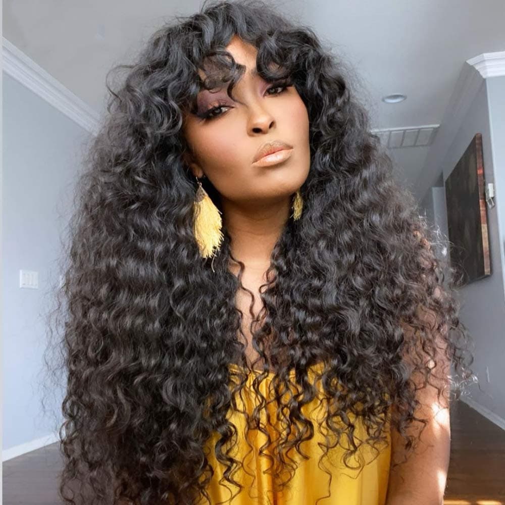 Water wave Human Hair Wigs with Bangs None Lace Front Wigs Human Hair for Black Women 150% Density Machine Made Brazilian Unprocessed Virgin Hair Wigs Natural Color 26 inch