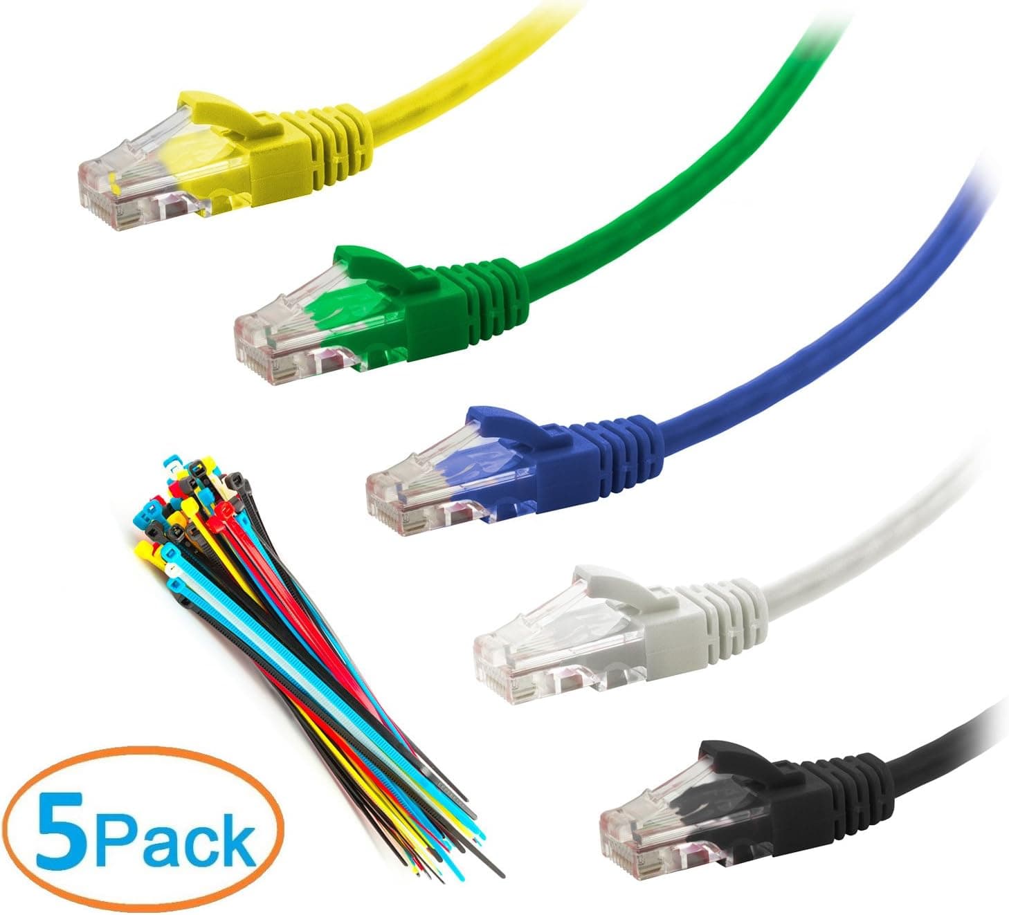 Aurum Cables 5 Pack Cat5e Snagless Ethernet Network Cable - 10 Feet - Multicolored - Yellow, Green, Blue, White, Black