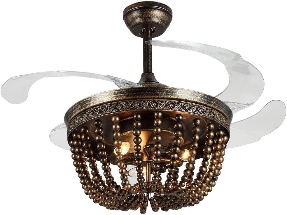Wood Bead Ceiling Fan with Lights, Boho Chandelier, Reverse Retractable Blades, 42 inch 6-Gear Speed, Remote Control, Timing Function, For Kitchen, Living room, Bedroom （Bulb Not Included）