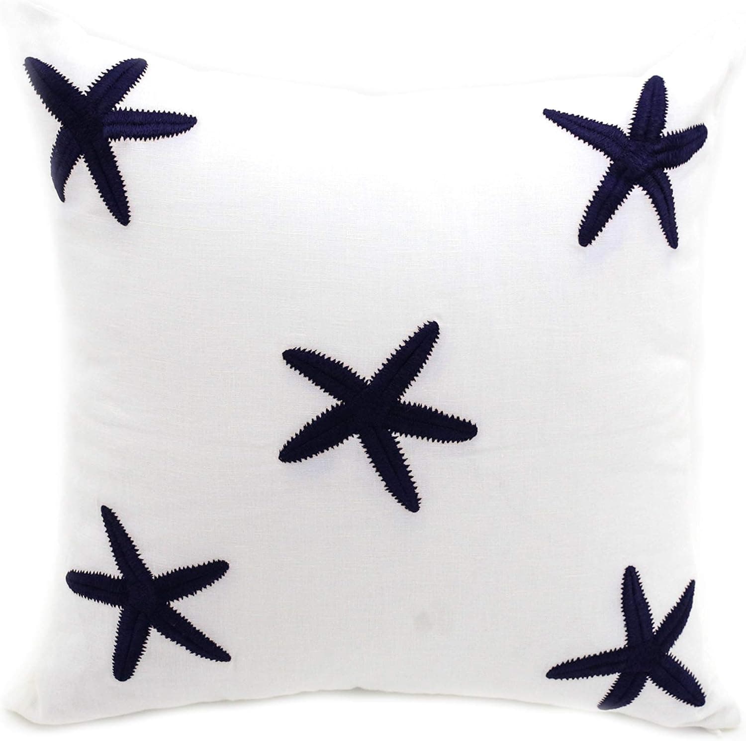 KainKain Starfish Pillow Cover, Nautical Decorative Couch Pillow, White Blue Cotton Linen Square Pillow, Handmade Embroider, Beach House Pillow Decor (18 inch x 18 inch)
