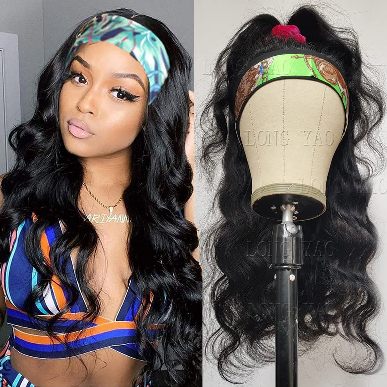 LONG YAO Headband Wigs for Black Women Human Hair Body Wave Headband Wig Human Hair Body Wave Can be Restyled into Straight or Curly None Lace Front Wigs Machine Made Brazilian Virgin Hair Wigs (14 Inch, Body Wave Headband Wig)