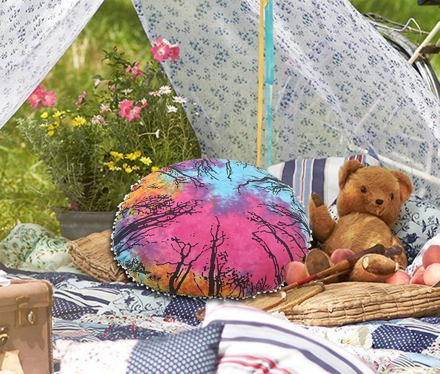 Goverdhan Tapestry 32" Pink Multi Mandala Floor Pillow Cushion Seating Throw Cover Decorative Bohemian