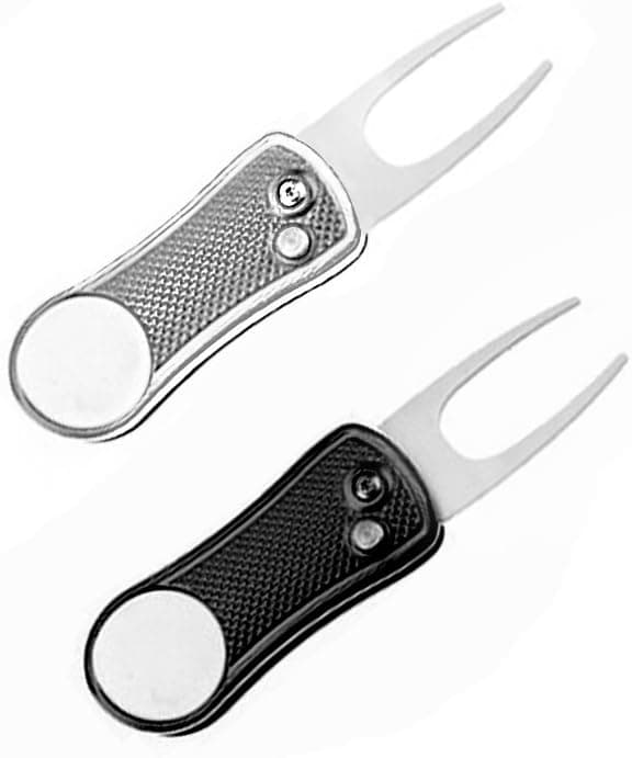 B.LeekS 2Pcs Golf Divot Repair Tool, Stainless Steel Switchblade Magnetic Ball Marker, Pop-up Button Golf Pork - Portable, Foldable and Lightweight (Black + Silver)