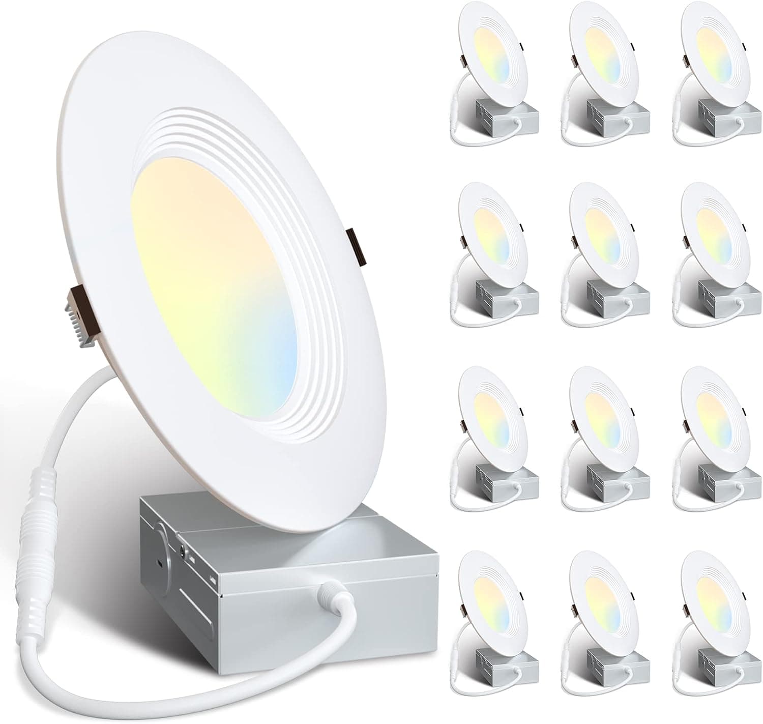 Amico 12 Pack 5/6 Inch 5CCT LED Canless Recessed Light with Junction Box, 2700K/3000K/4000K/5000K/6000K Selectable, 12W Eqv 100W, Ceiling Lights with Baffle Trim, 1100LM Dimmable Downlight