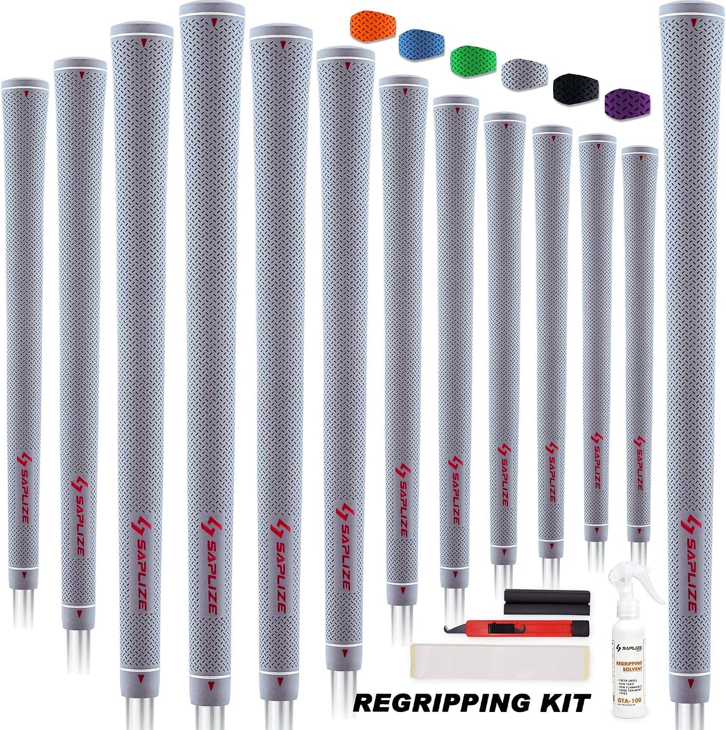 SAPLIZE CC02 Rubber Golf Grips, Options of Upgrade kit(13 Grips with 15 Tapes) or Deluxe Kit(13 Grips with Solvent kit) 6 Pure Colors Available, Standard/Midsize Anti-Slip Rubber Golf Club Grips