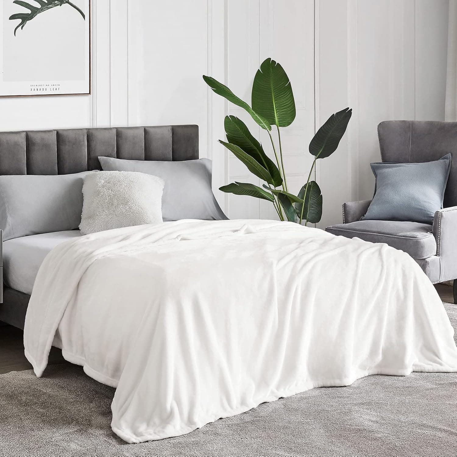 Hansleep Fleece Queen Blanket for Bed Fleece White, Super Soft White Blanket Queen Flannel Fuzzy, Plush Cozy Blanket for All Seasons, White, Queen 90x90 Inches