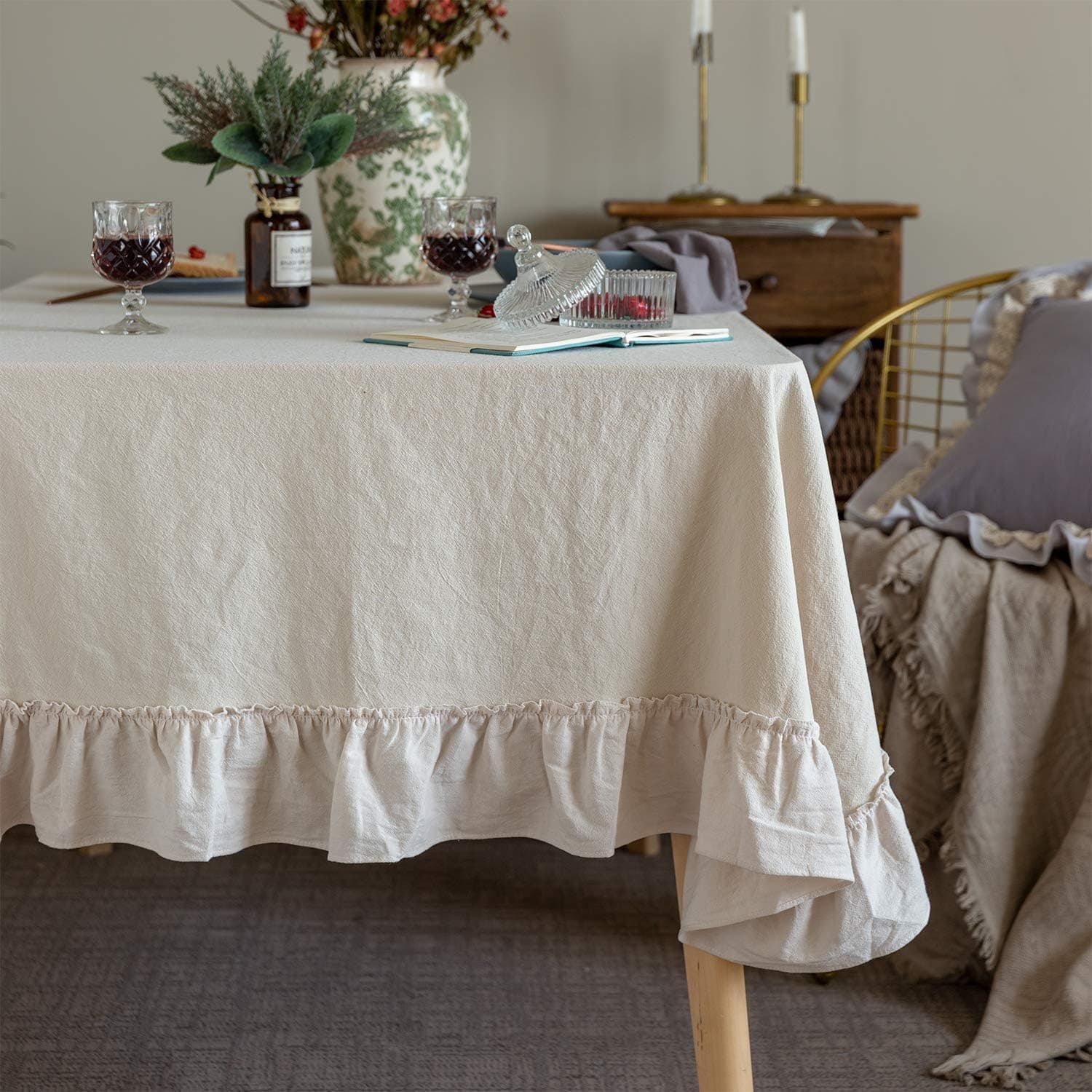 Glory Season Retro Farmhouse Ruffle Tablecloth Cotton Flounces Trim Washable Table Cover Tablecloths for Rectangle Table Baby Shower Kitchen Party Wedding Decor Off-White, 60''x120''