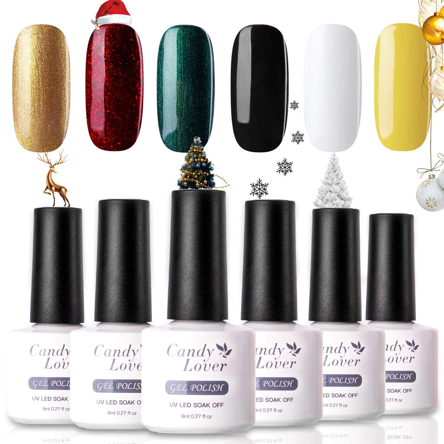 Gel Nail Polish Set - Christmas Candy Lover Gold Green Red Selected 6 Fall Winter Colors Set, Soak Off UV LED Nail Gel Polish Home Manicure Varnish Kit