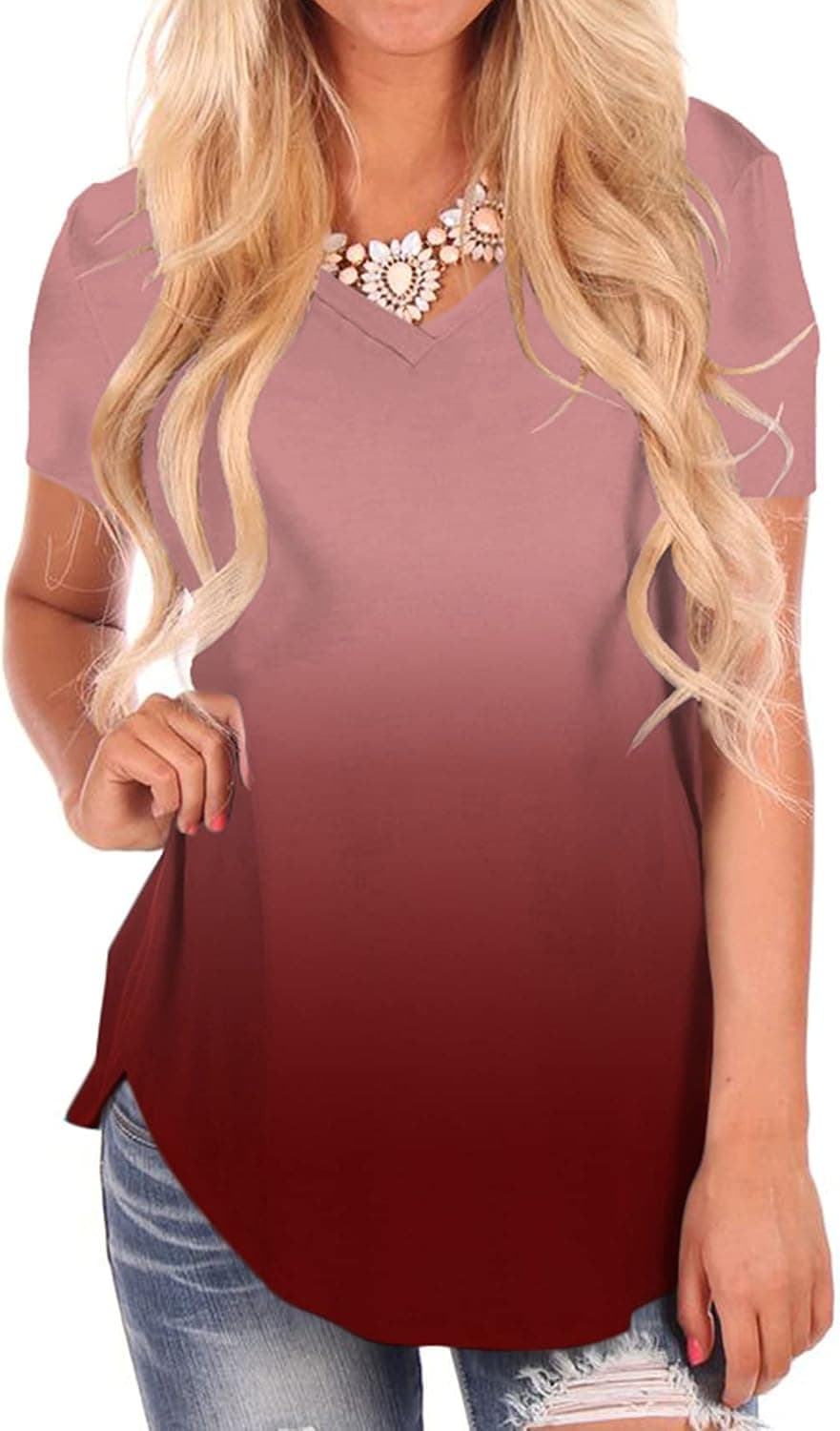 NIASHOT Womens V Neck T Shirts Short Sleeve Causal Summer Lace Tee Tops