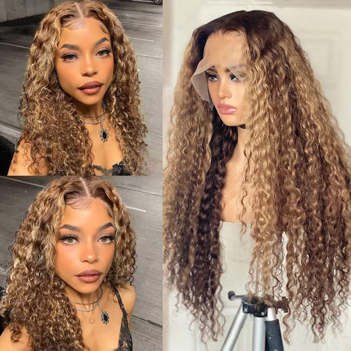 Honey Blonde Lace Front Wigs Real Virgin Human Hair Ombre Brown Highlighted Wigs Bleached Knots Swiss T Part Frontal Curly Lace Wig for Black Women 150% Density 20 Inch