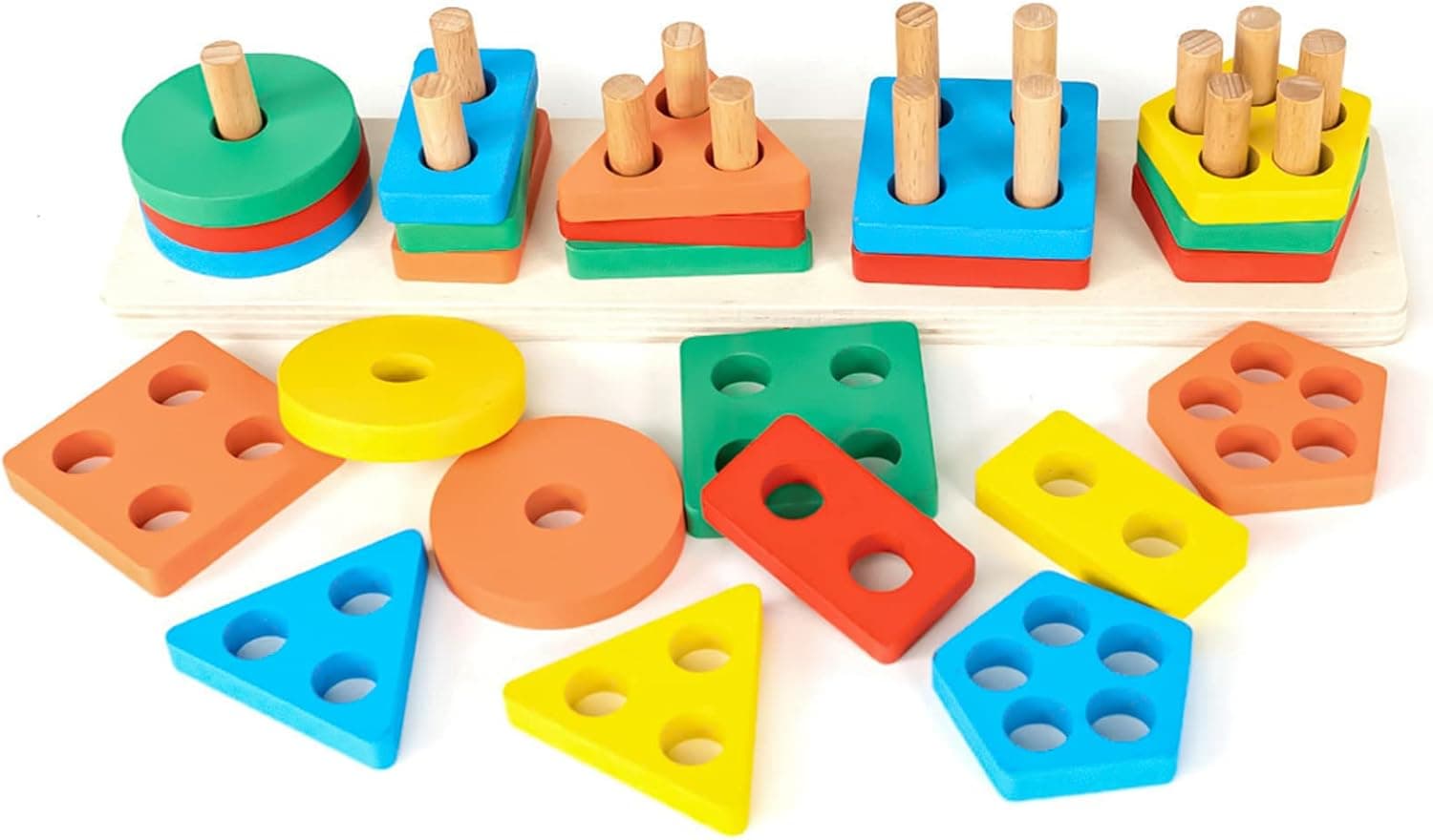 WEMMICKS Wooden Sorting & Stacking Toy for Toddlers 1-3, Montessori Color Recognition Shape Sorter for Boys Girls, Early Educational Block Puzzles for 1 2 3 Years Old
