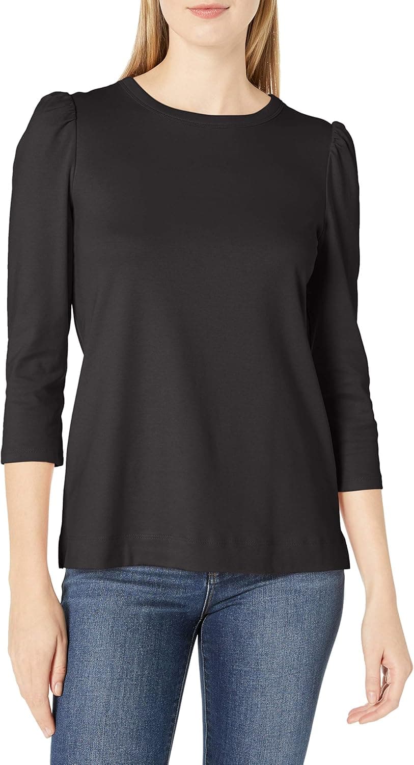 Amazon Brand - Lark & Ro Women's Pima Cotton 3/4 Puff Sleeve Knit Top