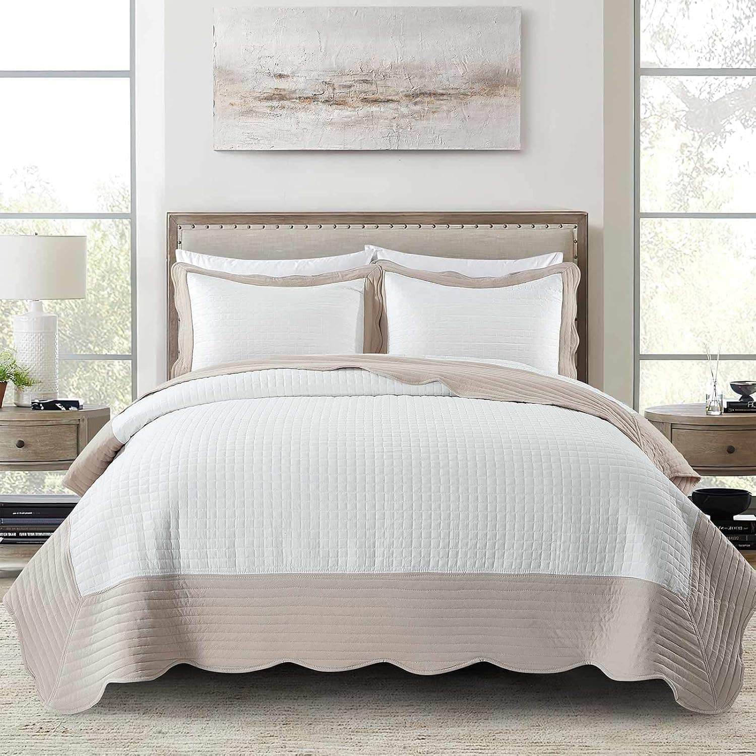 HIARUO 3-Piece Queen Quilt Set - Soft Warm Reversible Coverlet Bedspread Set (90 x 90 Inch) with 2 Pillow Sham (20 x 26 Inch), White and Beige