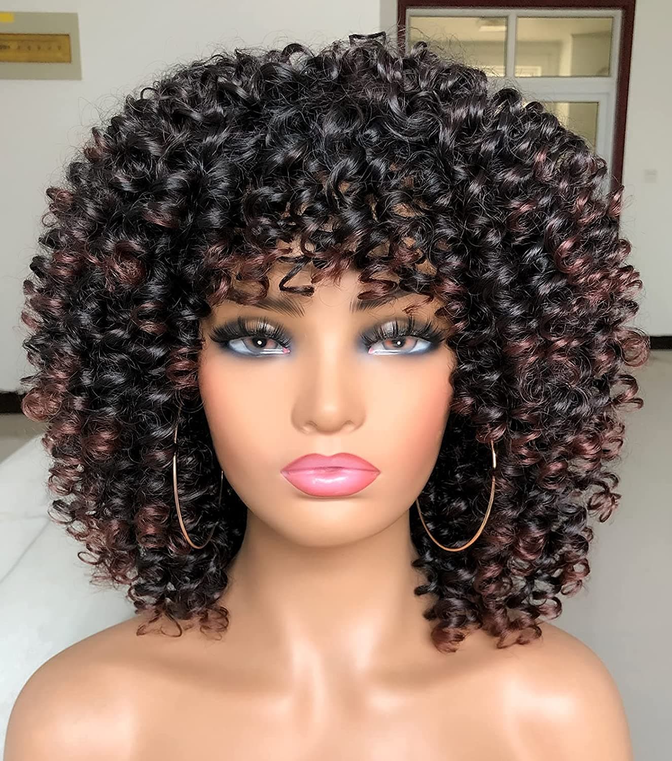 Annivia Curly Afro Wig with Bangs Short Kinky Curly Wigs for Black Women Synthetic Fiber Soft Hair Short Curly Afro Wig (Black Ombre Brown)