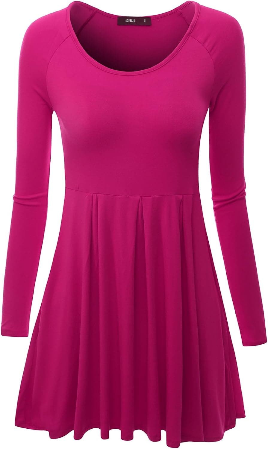 Doublju Long Raglan Sleeve Scoop Neck Flare Tunic Dress Top for Women with Plus Size Fuchsia 2XL