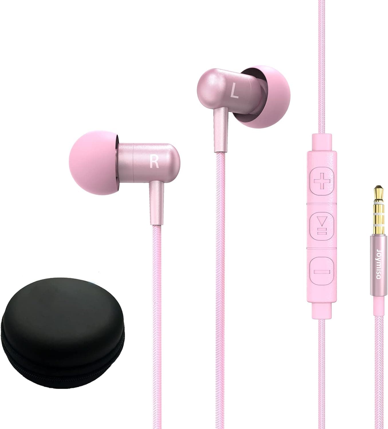 Joymiso Wired Small Earbuds for Kids Women Small Ears with Case & 6 Sizes Covers, Comfortable Lightweight in-Ear Headphones w Microphone & Volume Control, Metal Earphones for Cell Phones Laptop Pink
