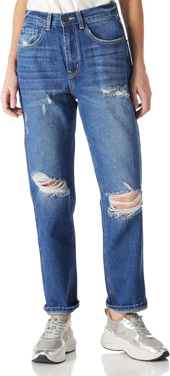 RHODANTHE Women's Ripped Mom Non-Stretch Jeans Trendy Loose Boyfriend Baggy Jean with Hole