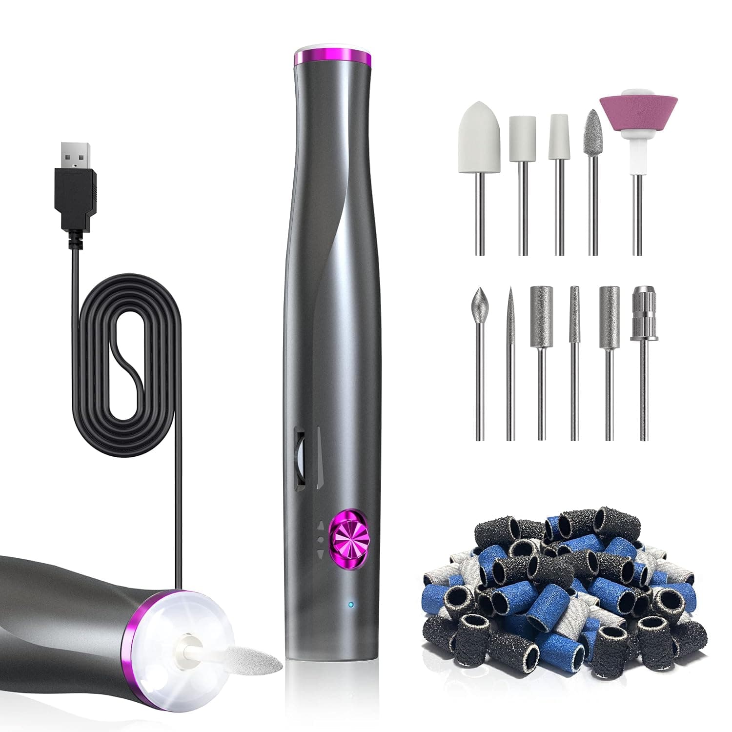 Nail Drills for Acrylic Nails - ZoCCee Electric Nail File with LED Light- USB Portable Acrylic Nail Kit for Gel Nails, Manicure Pedicure with 11 Nail Drill Bits & 36 Sanding Bands (Non-cordless, Gray)