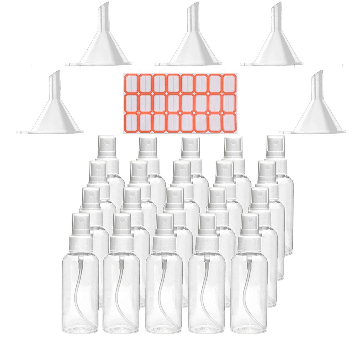 2 oz/50ml Clear Empty Spray Bottles，20 Pcs Plastic Mini Travel Bottle with 5pcs Funnels and 24pcs Labels。
