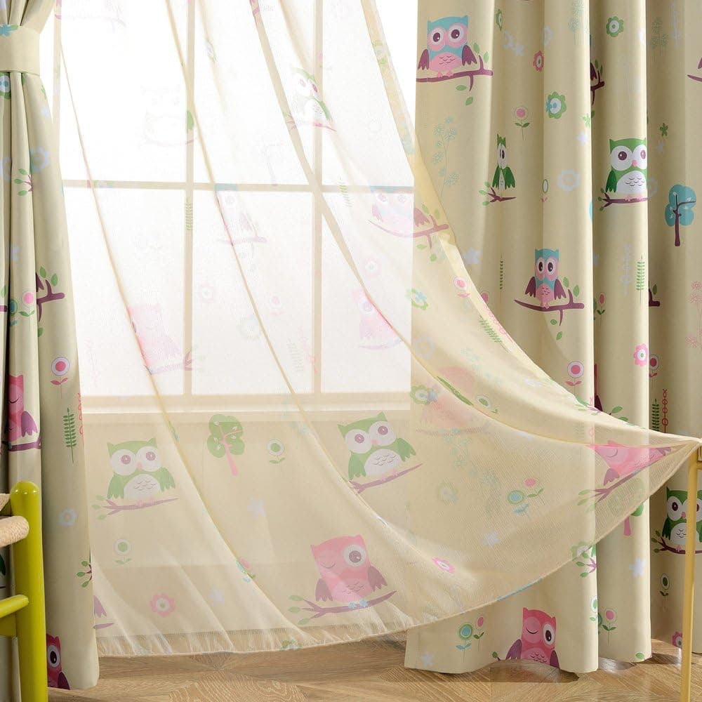 Melodieux Cartoon Owl Sheer Rod Pocket Voile Curtains/Drapes for Kids Room, 52" W x 63" L, Yellow Green (1 Piece)